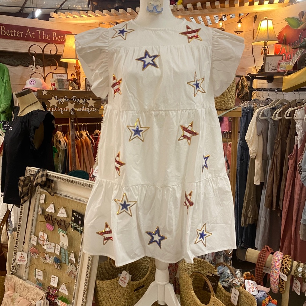 Sweet babydoll dress, fun stars red,white, blue.